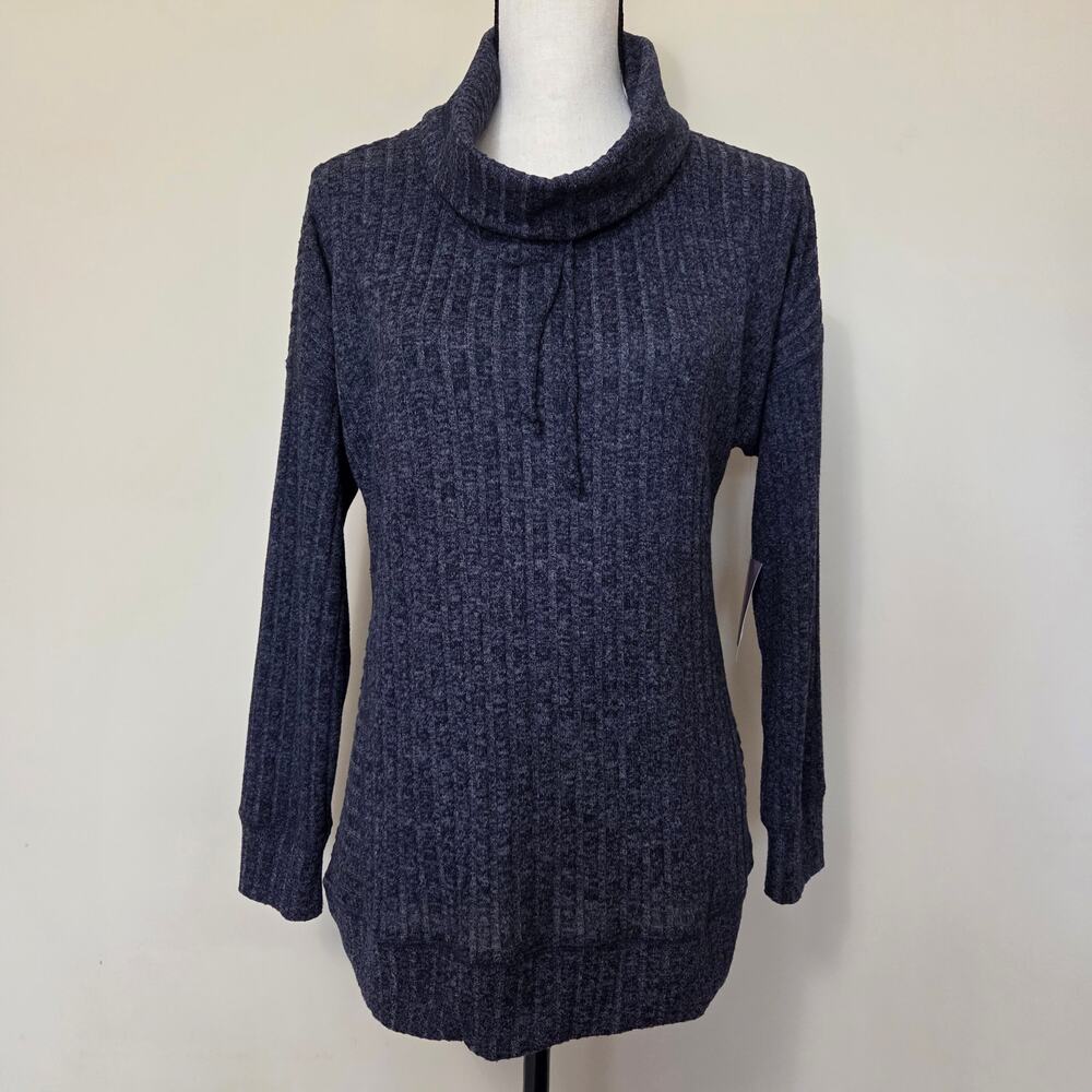NWT Christopher & Banks MP Pullover Drawstring Cowl Neck Ribbed Sweater Blue